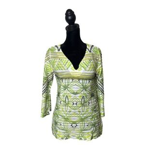 Before + Again Bell Sleeve Burnout Top Womens XS Green Artsy Pleated Textured